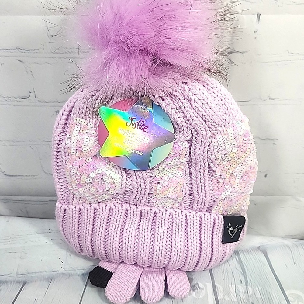 Justice Girls Lavender Sequin Ribbed Beanie w/faux fur & Gloves 2-Piece Set NWT